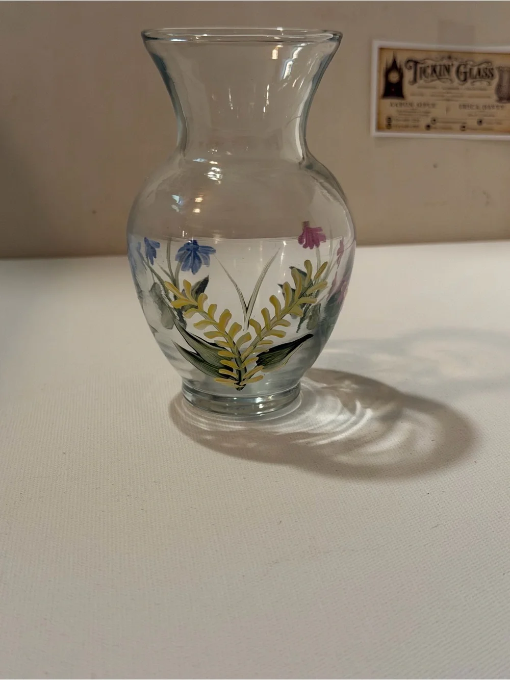Hand-Painted Floral Glass Vase - Blue and Pink Flowers